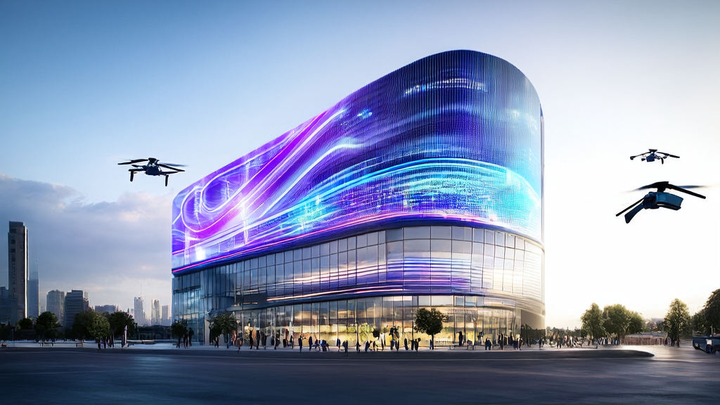 A modern foreign trade company building in a futuristic city showcasing data and analysis results from an AI client prediction model