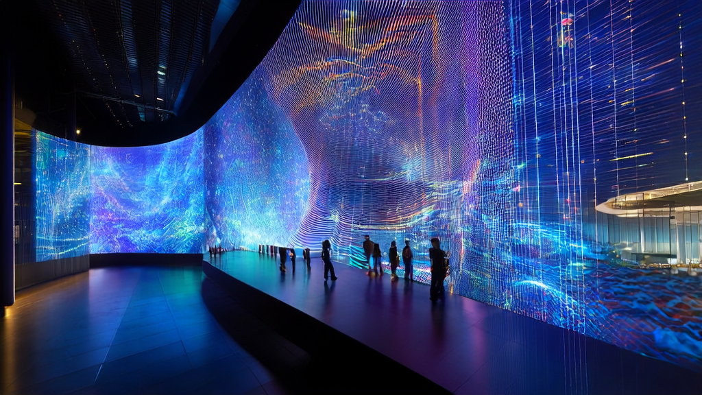 未来城市中的高科技办公楼展示AI客户预测模型的数据流，帮助外贸企业精准获客并提高ROI。