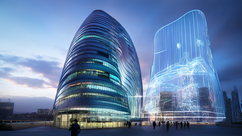 数据科学家在现代化办公楼中使用AI客户预测模型进行客户筛选和分析，背景是充满科技感的城市夜景。