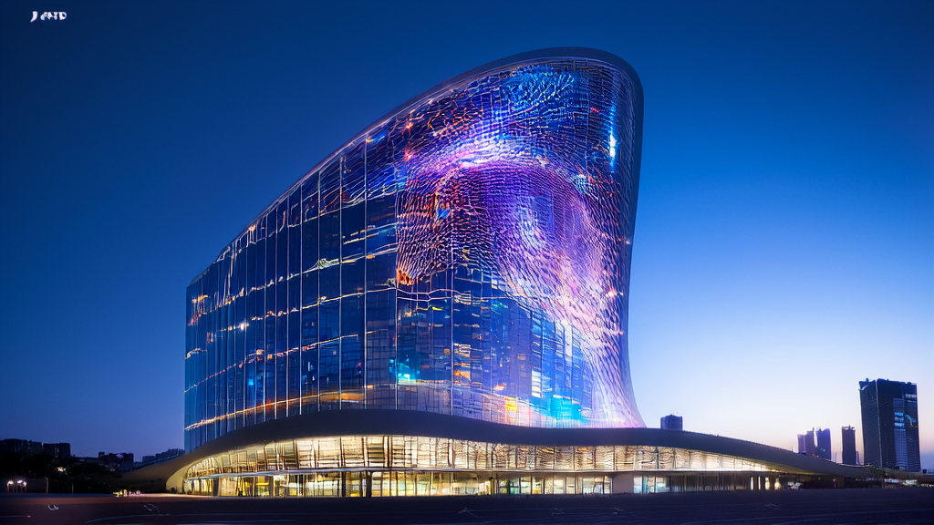 2025年AI客户预测模型的应用场景,展示高科技大厦和AI数据分析过程