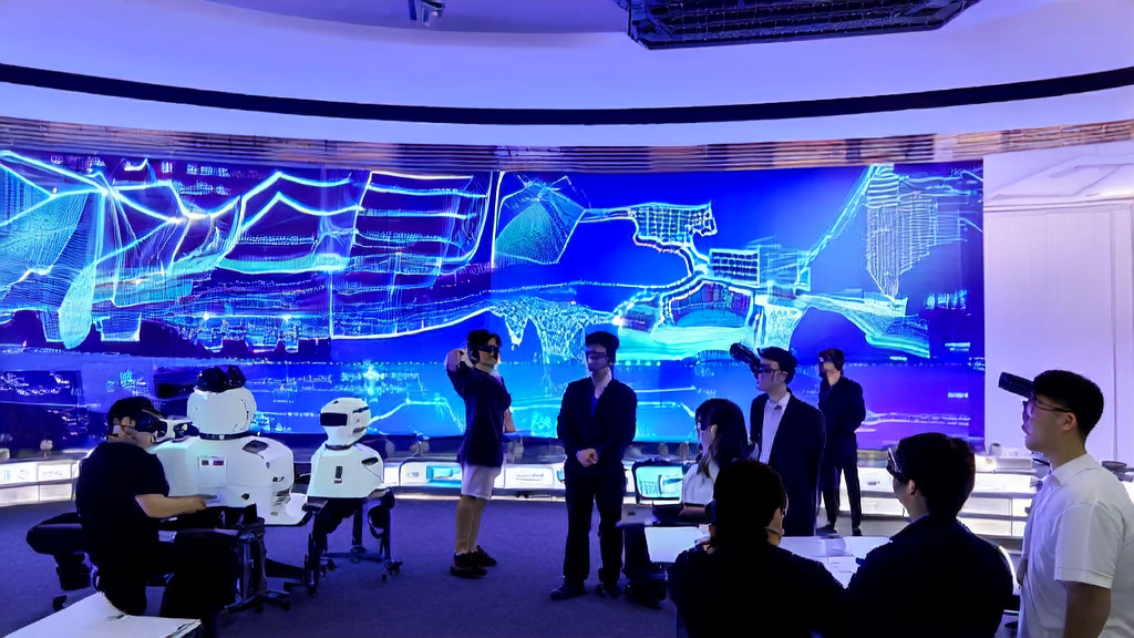 In a futuristic cross-border e-commerce office, analysts use an AI client prediction model to analyze data, precisely screen high-quality clients, and reduce ineffective investments. A poster of OpenAI's青少年AI safety standards blueprint hangs on the wall.