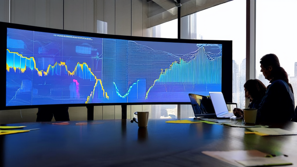 Data analysts using AI client prediction model for data analysis in a modern office