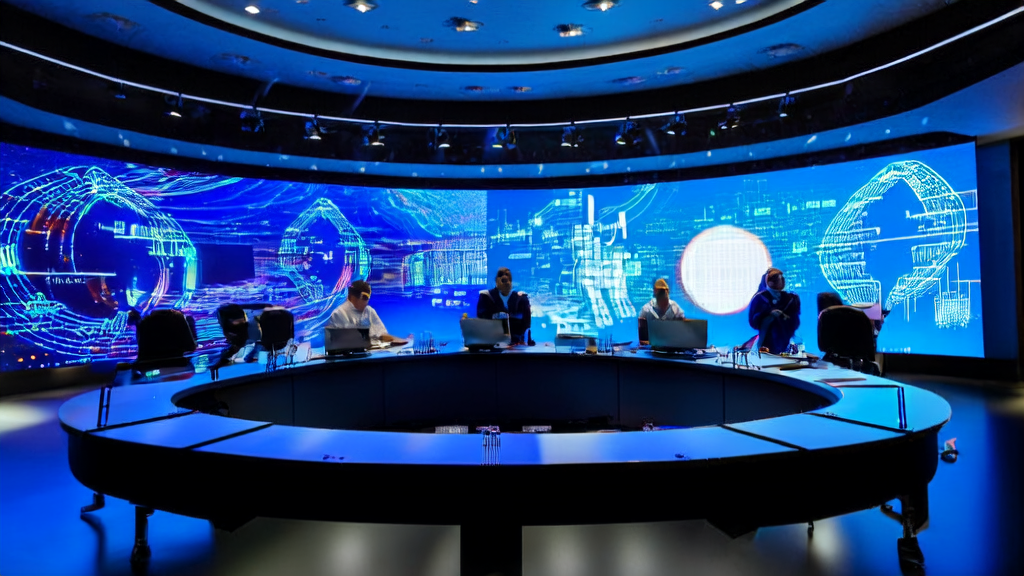 In a cross-border e-commerce control center, data scientists and tech experts are discussing the application of AI client prediction models, with a global map and real-time data analysis charts in the background.