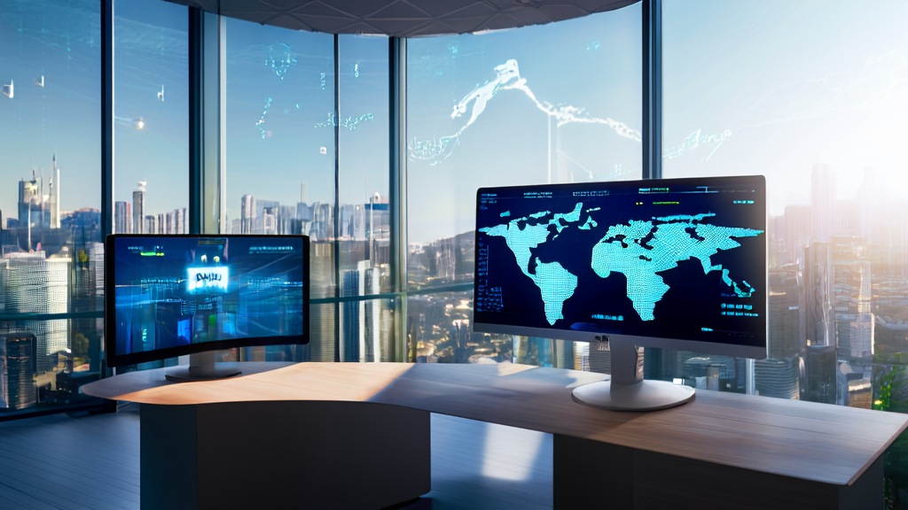 数据分析师在现代化办公室中使用AI客户预测模型分析制造业海关数据，旁边放置着“百聆”语音模型设备。