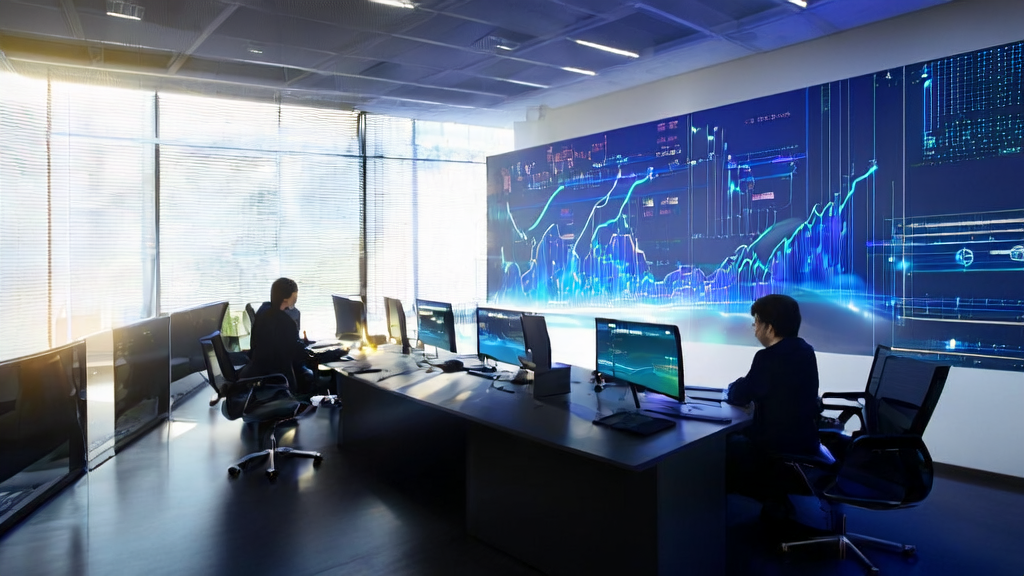 Data scientists in a modern office using AI client prediction model for data analysis