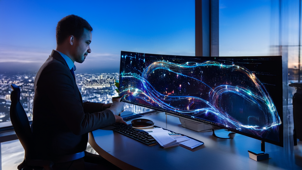 AI client prediction model in a modern office, showcasing complex data analysis and the latest visual technology