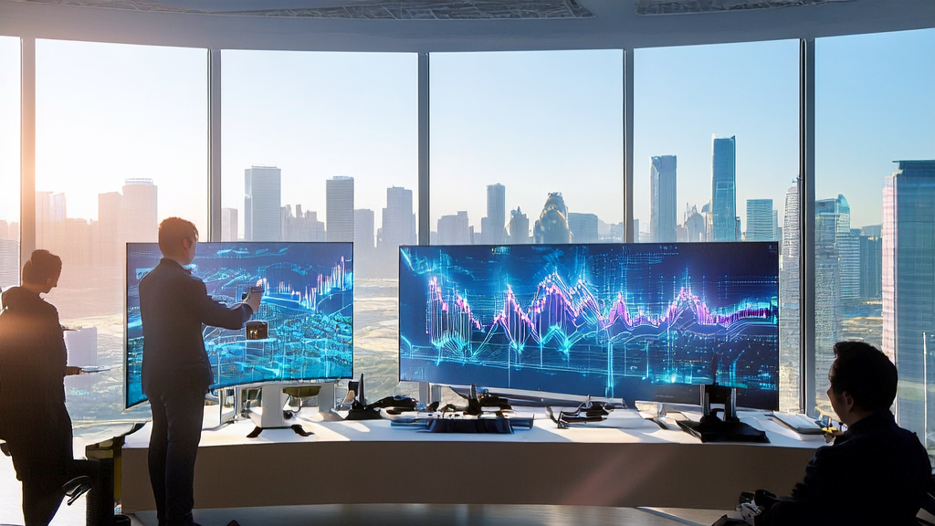 在充满阳光的现代化办公室中,技术人员使用AI客户预测模型进行数据分析,并通过3D打印机展示科技成果。