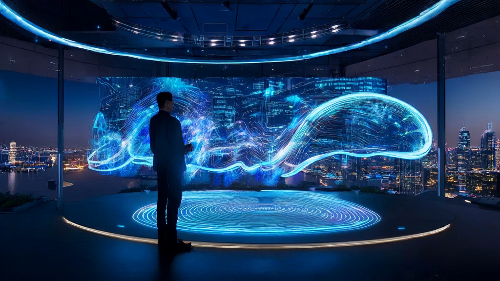 A futuristic office showcasing the AI client prediction model in action