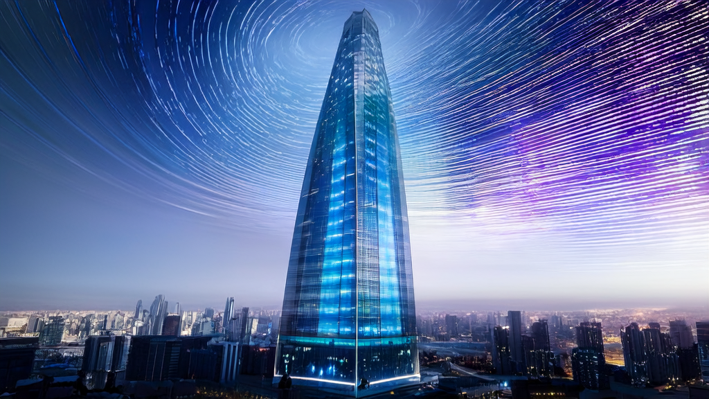 未来城市的科技中心，展示AI客户预测模型的数据流动和分析场景