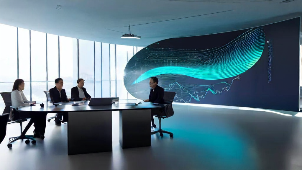 现代化办公室中,分析师们正在讨论AI客户预测模型,背景墙上有大幅公司愿景图和智能穿戴设备,阳光透过窗户洒入。