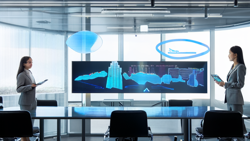 现代化办公室内,经理向团队介绍AI客户预测模型,展示精准营销和优化广告投放的效果
