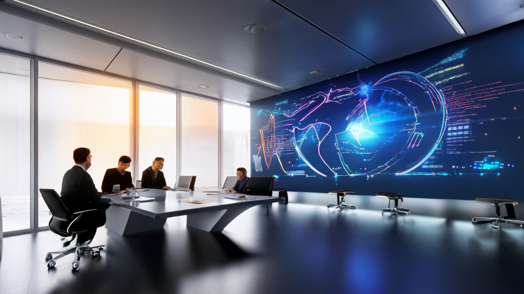 Office meeting where employees discuss the AI client prediction model, showcasing its application in cross-border e-commerce