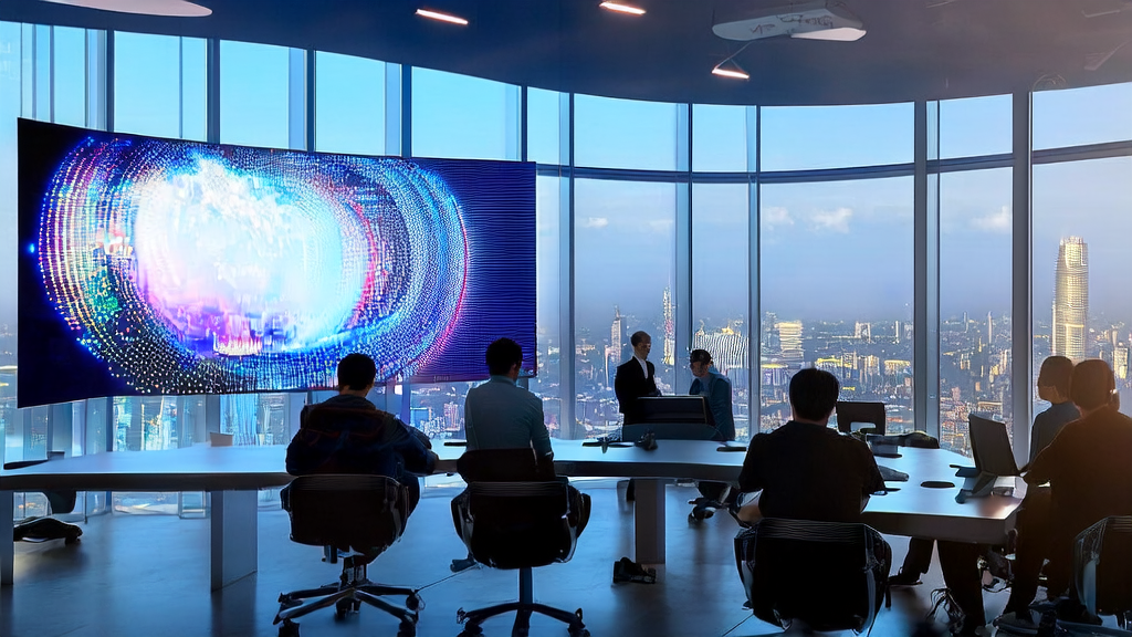 现代化办公室内团队讨论AI客户预测模型,屏幕显示复杂图表和数据流,背景为繁华城市景象