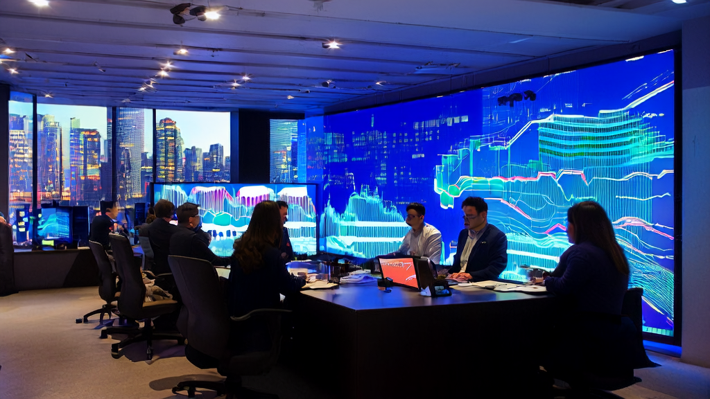 现代办公室内员工使用AI客户预测模型分析数据,背景为城市天际线和HeyGen AI视频翻译引擎演示视频