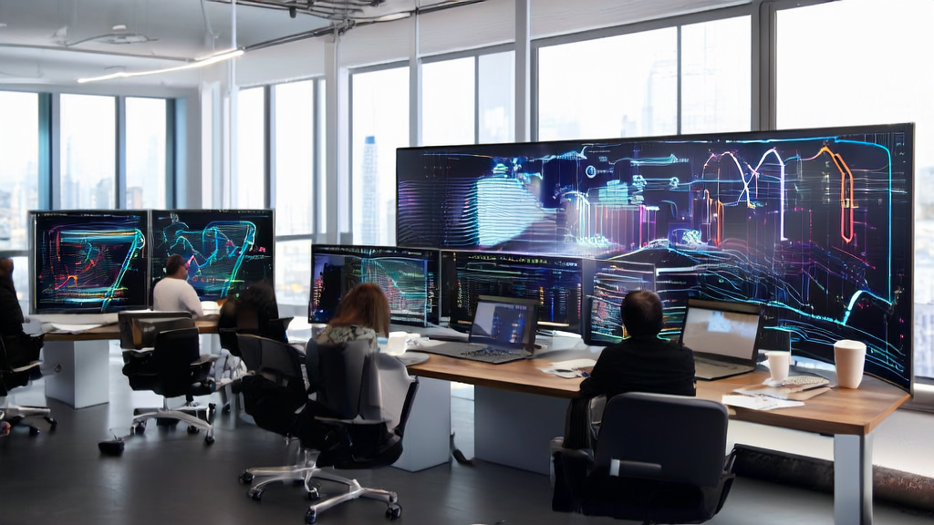 Data scientists in a modern office using AI client prediction models to analyze data, with posters showcasing the innovation of Runway Gen-4.5 video generation model.