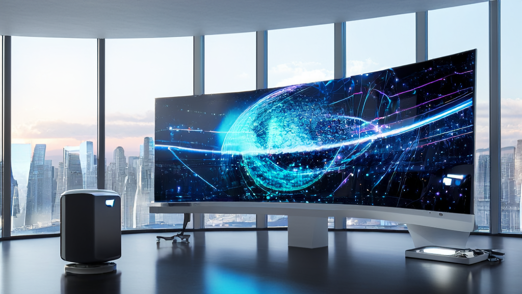 A high-performance computer screen displaying an AI client prediction model in a modern office, surrounded by tech elements, highlighting the application of AI in marketing.