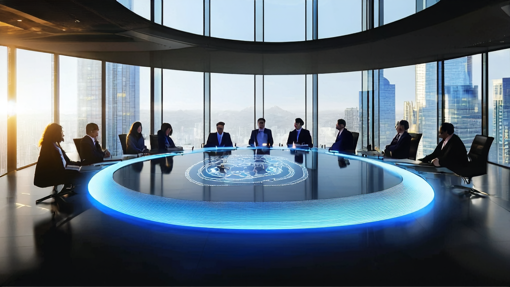 Executives in a conference room use an AI client prediction model to analyze global user data and accurately identify high-value potential customers, reducing wasted resources.