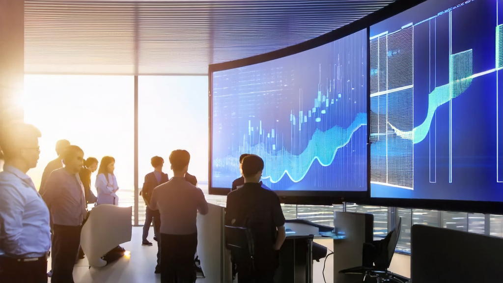 Corporate analysts using AI client prediction model for data analysis and precise customer screening