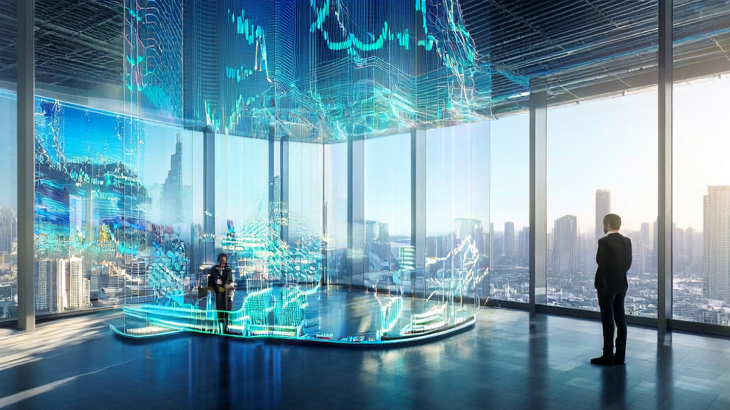 Data analyst in a futuristic office using AI client prediction model for hyper-personalized email marketing