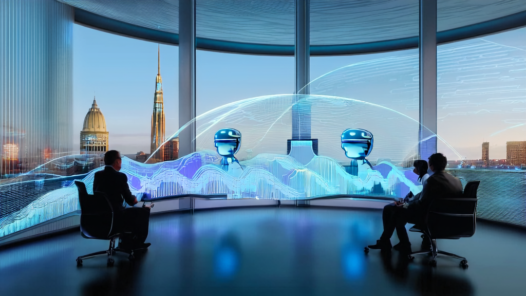 AI client prediction model revolutionizing export client acquisition, team discussing data charts in a modern office with Abu Dhabi skyline in the background