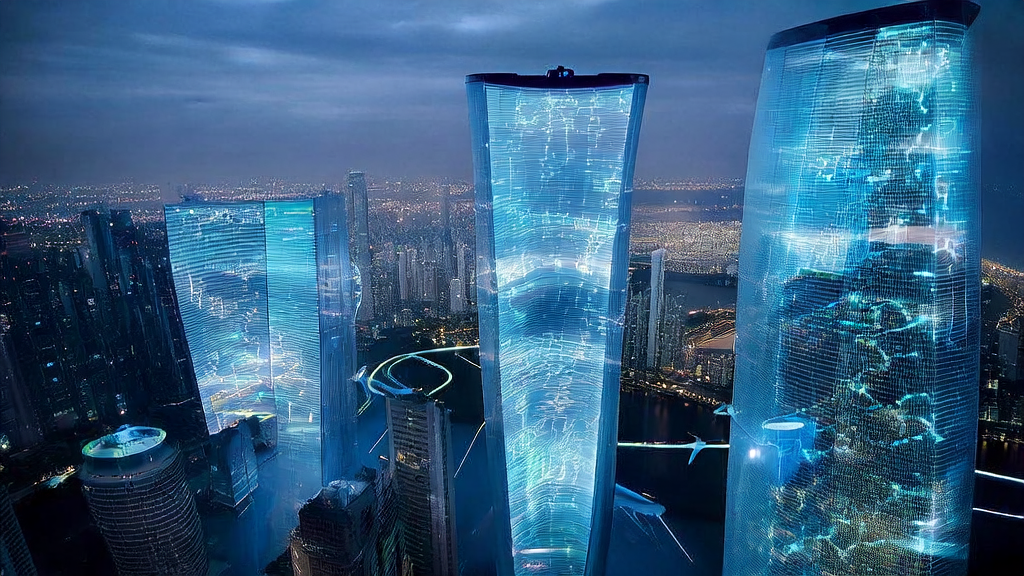 In a futuristic city, data scientists use AI client prediction models to analyze cross-border e-commerce customer data, showcasing the application of AI technology in business.