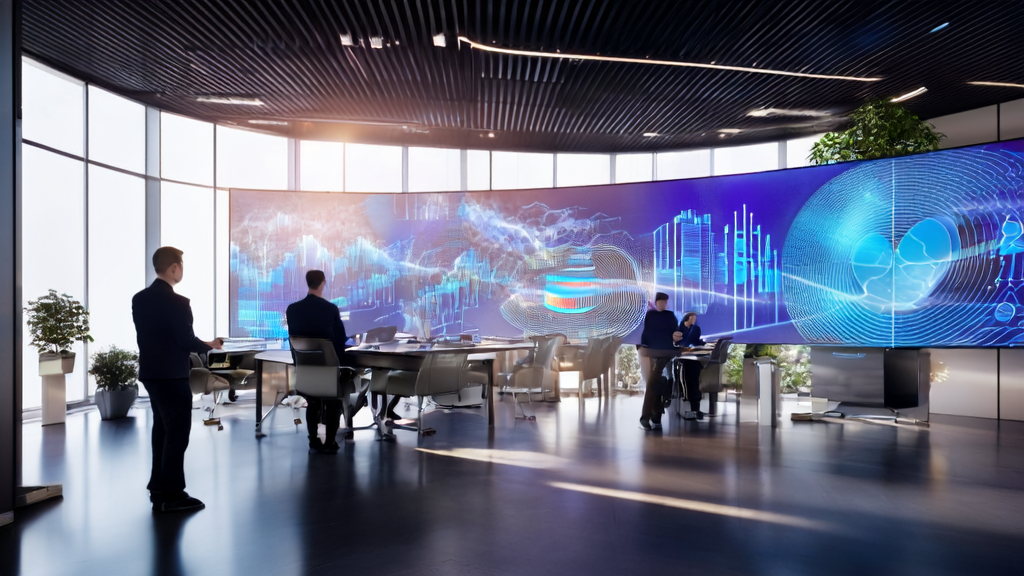 Employees in a modern office are studying an AI client prediction model, with sunlight streaming through the windows and sales trend charts on the background wall, showcasing efficient growth driven by AI technology.