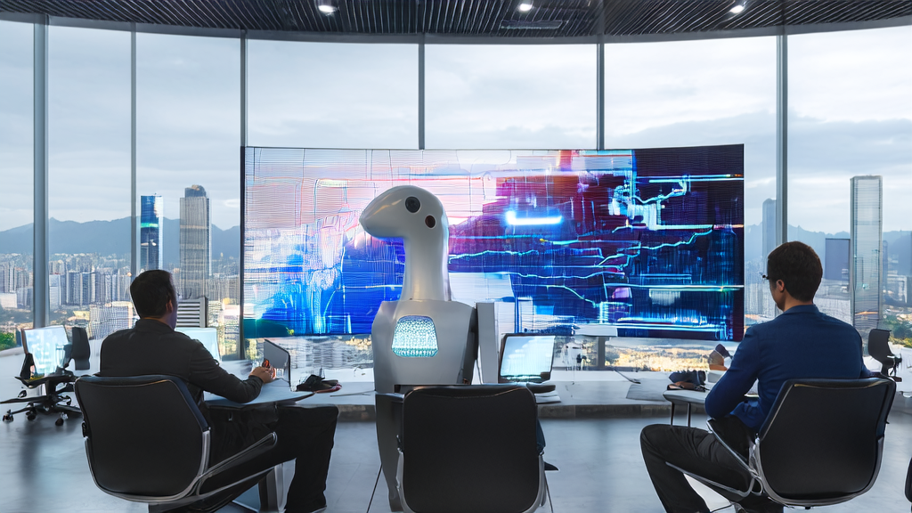 The image shows members of Figure's newly formed AI core team Helix discussing in a modern office environment, with the city skyline in the background.