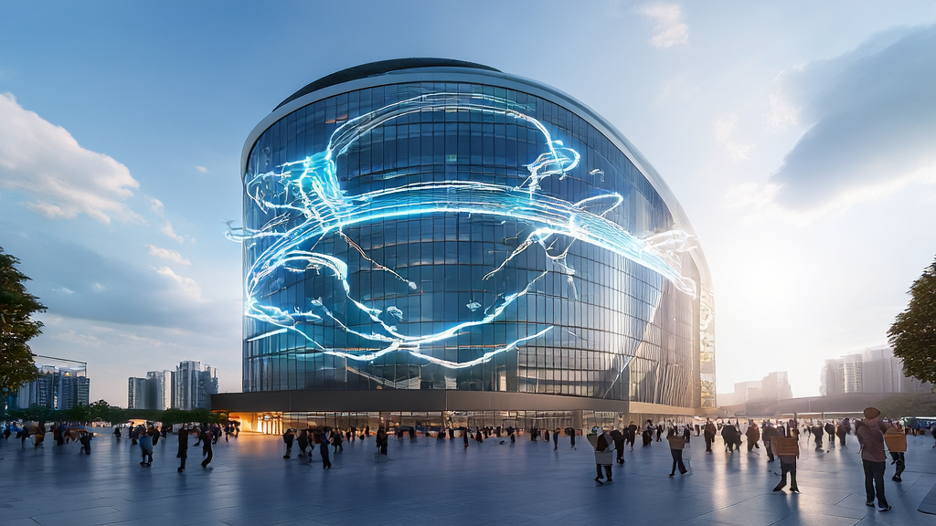 A modern cross-border e-commerce office building in a futuristic city, showcasing AI acquisition trends and DeepSeek technology in 2025