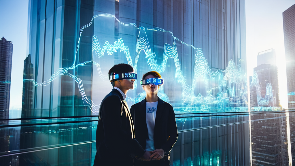 In a futuristic city, an entrepreneur uses Quark AI glasses to view AI strategies for cross-border commerce growth in 2025