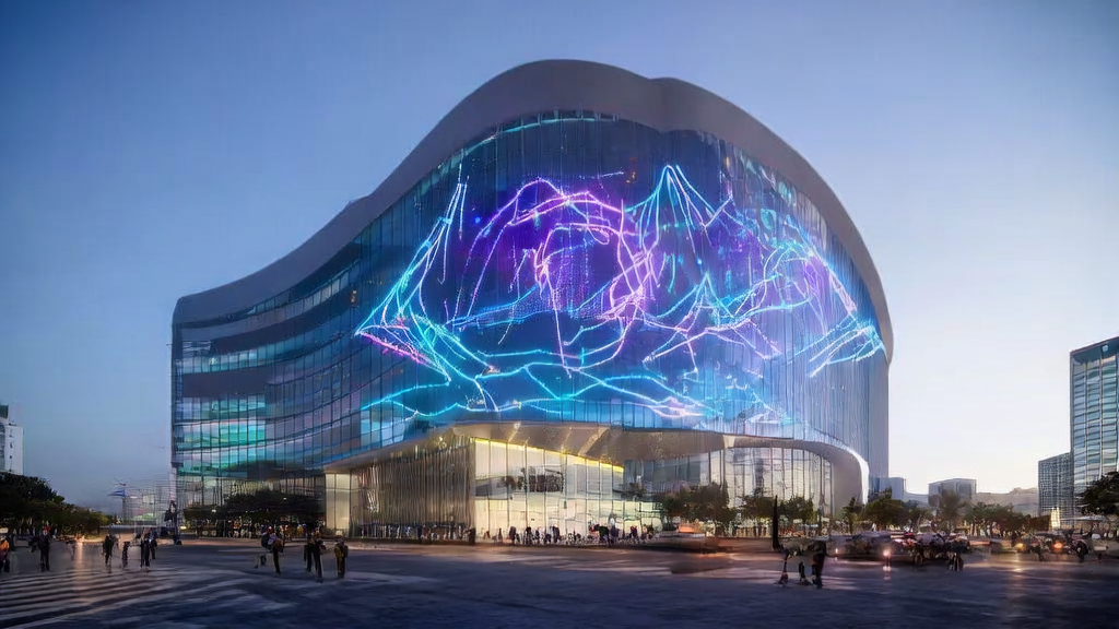 A futuristic cross-border e-commerce building showcasing AI technology and the collaboration between Meta and CoreWeave, symbolizing a new era of intelligent and globalized commerce.