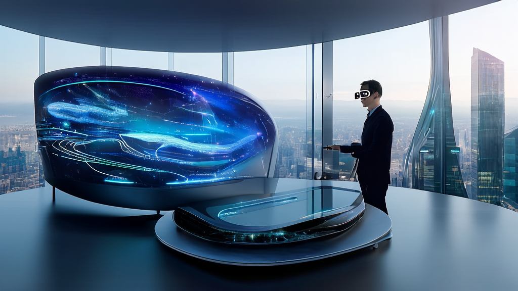 未来办公室中，创业者利用AI邮件自动化工具高效处理全球客户邮件