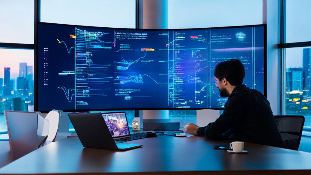 年轻创业者在办公室中使用AI技术优化跨境电商广告投放