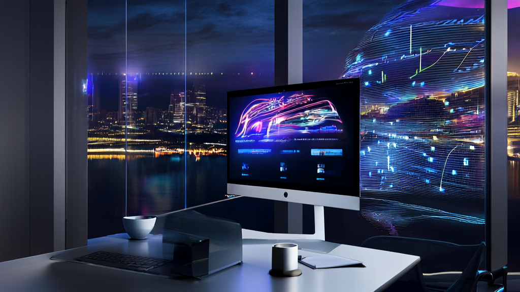 现代化办公室内的智能电脑屏幕上显示着跨境电商邮件营销的实时分析结果