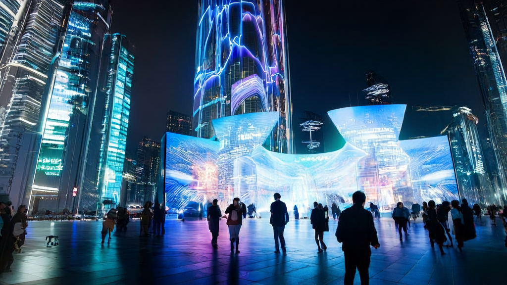 A futuristic city scene showcasing AI-optimized advertising, with a data scientist monitoring and adjusting ad strategies in real-time