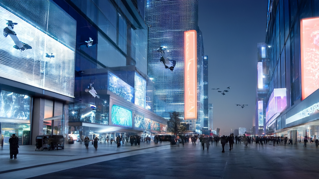 Scene of AI-optimized advertising and privacy protection in a futuristic city