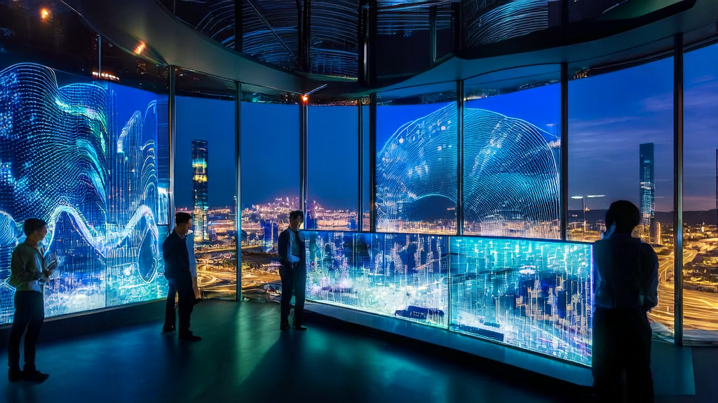 Scene of AI customer acquisition strategy discussion in a futuristic city, programmers are studying the latest technology