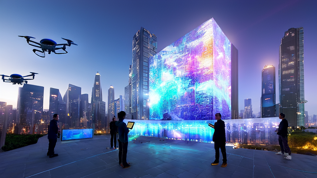 AI customer acquisition and Matrix-Game model showcase in a futuristic city