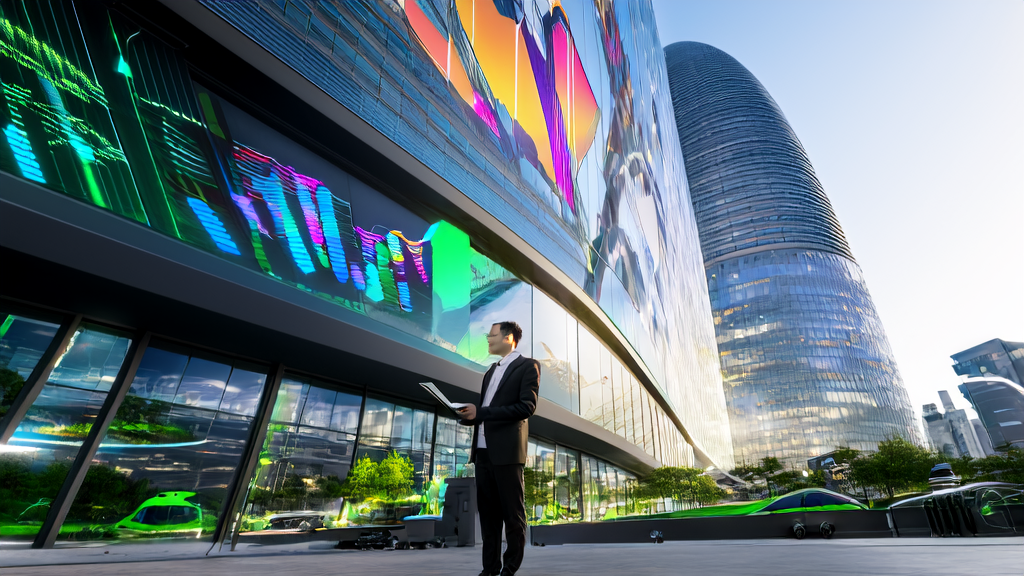 Young entrepreneur using AI customer acquisition and personalized marketing tools in a modern city to seek business opportunities