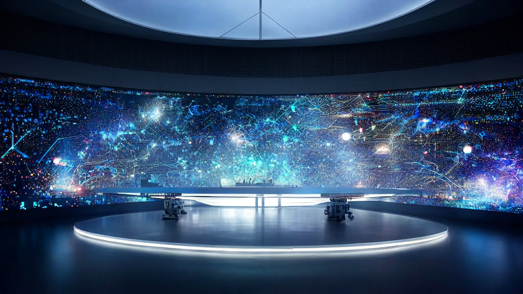 未来科技城市中的广告控制中心，展示AI技术如何精准触达目标人群并降低CPA