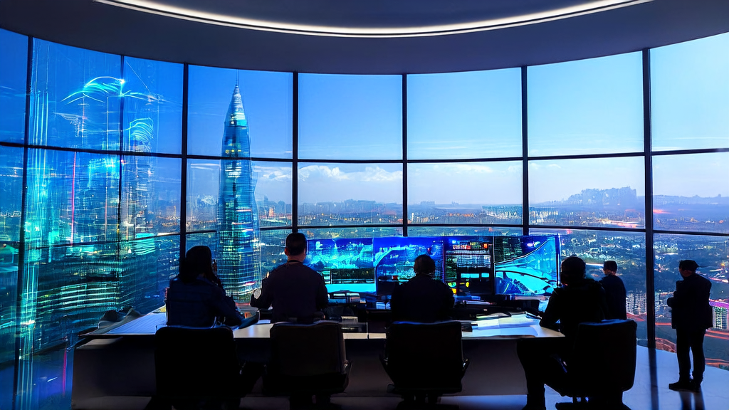 In a modern office building in a futuristic city, data scientists are optimizing customer acquisition costs using AI systems while listening to Sam Altman's insights on the future of ChatGPT.