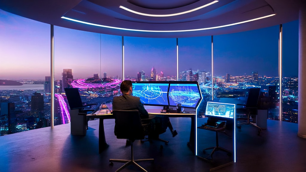 未来办公室中的AI获客场景，展示智能屏幕、AI助手设备和多语言邮件生成器的应用。