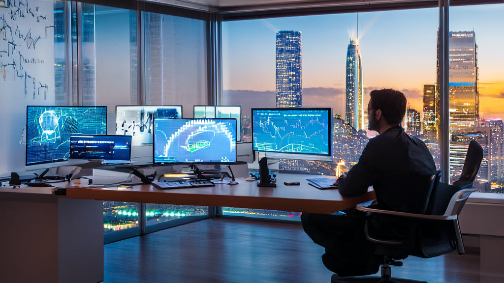 现代化办公室内的创业者使用AI智能获客系统进行跨境电商自动化营销