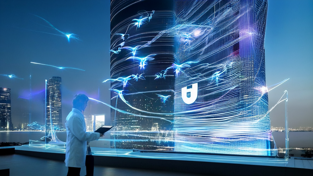 In a futuristic city, a scientist demonstrates Sakana AI's data collection and smart marketing process, with drones flying around to symbolize the application of AI technology in business.