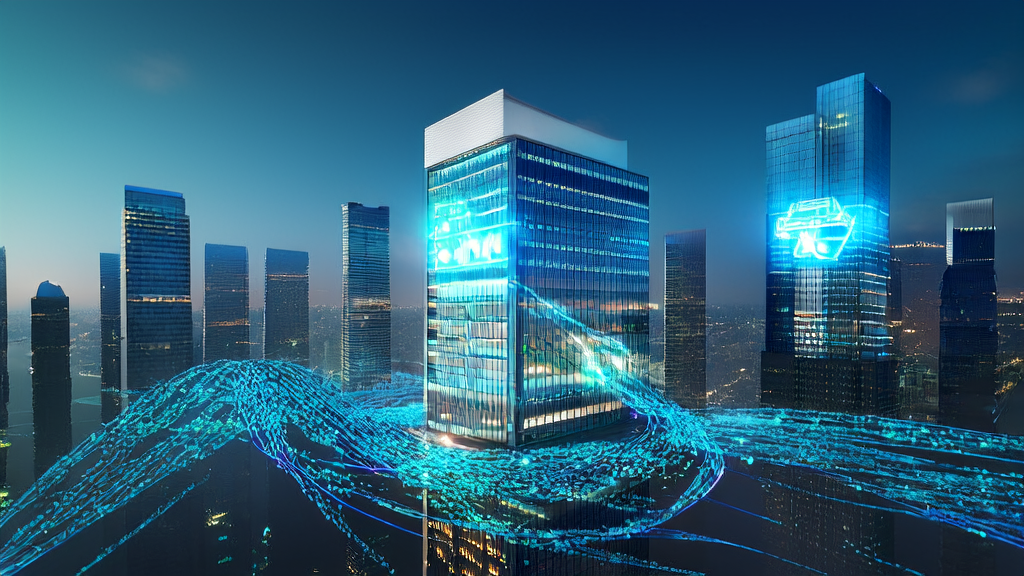 In the skyline of a futuristic city, blue light points representing AI technology float between skyscrapers, showcasing the application and ethical challenges of AI in customer acquisition.