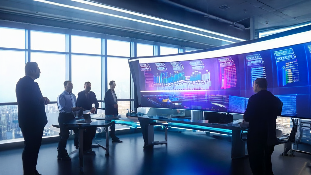 Employees in a futuristic office using AI tools for intelligent customer screening and efficient acquisition