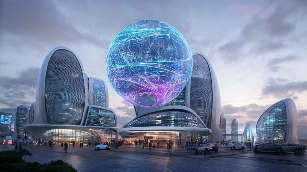 A futuristic city showcasing AI customer acquisition technology, where people interact via smart devices to discuss optimizing email marketing and boosting cross-border e-commerce sales.
