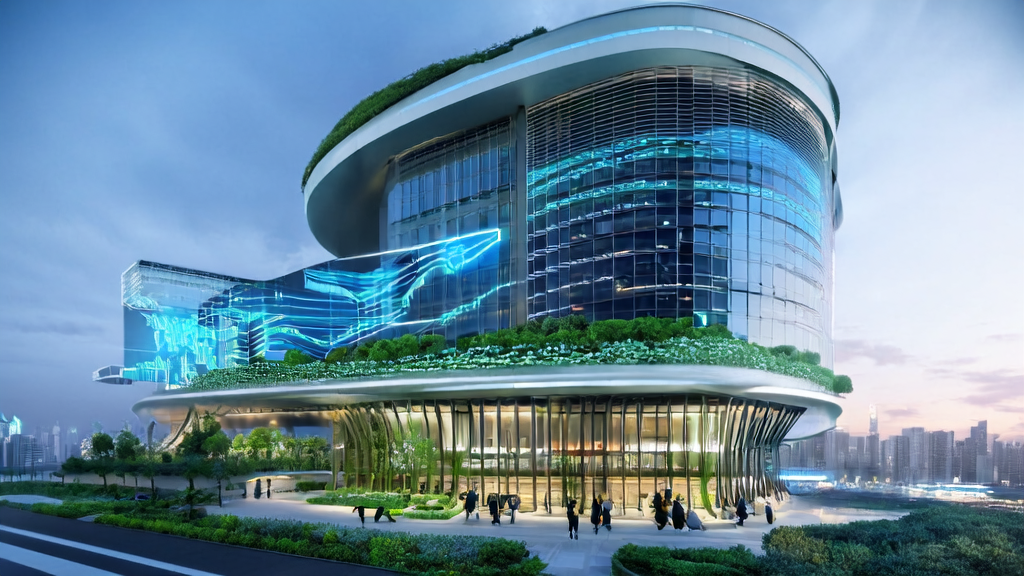 In a high-tech office building in a futuristic city, a data analyst uses AI algorithms to process customer data, enhancing data cleaning quality.