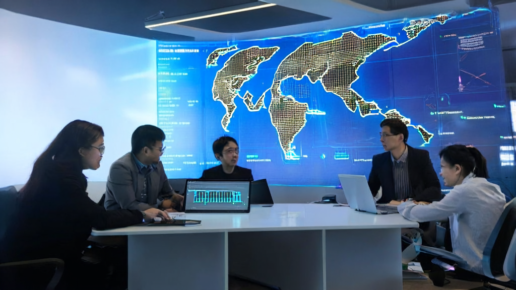 Export company employees discussing how to improve customer acquisition efficiency using AI technology in a modern office