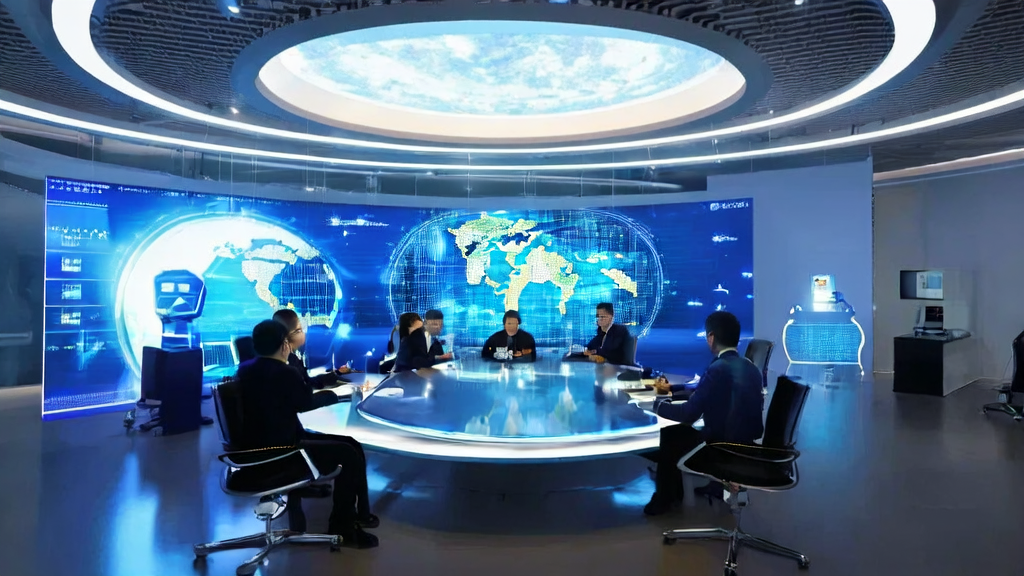 Foreign trade enterprises utilizing AI plugins for precise customer acquisition, set against a backdrop of a modern office and global user data flow diagram