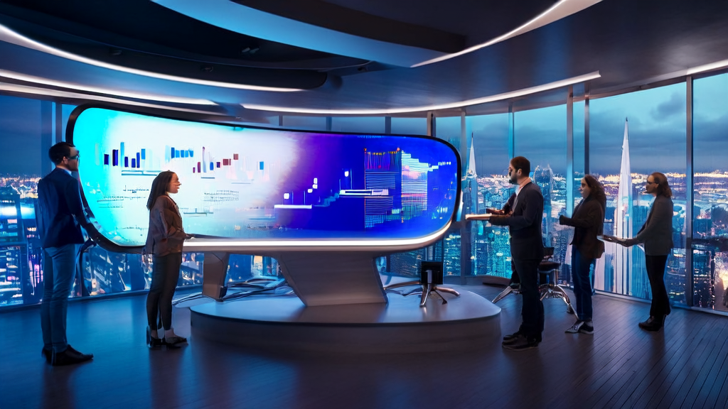 In a tech-infused office, entrepreneurs are analyzing LinkedIn customer data using AI tools, with a bustling city night view outside the window.
